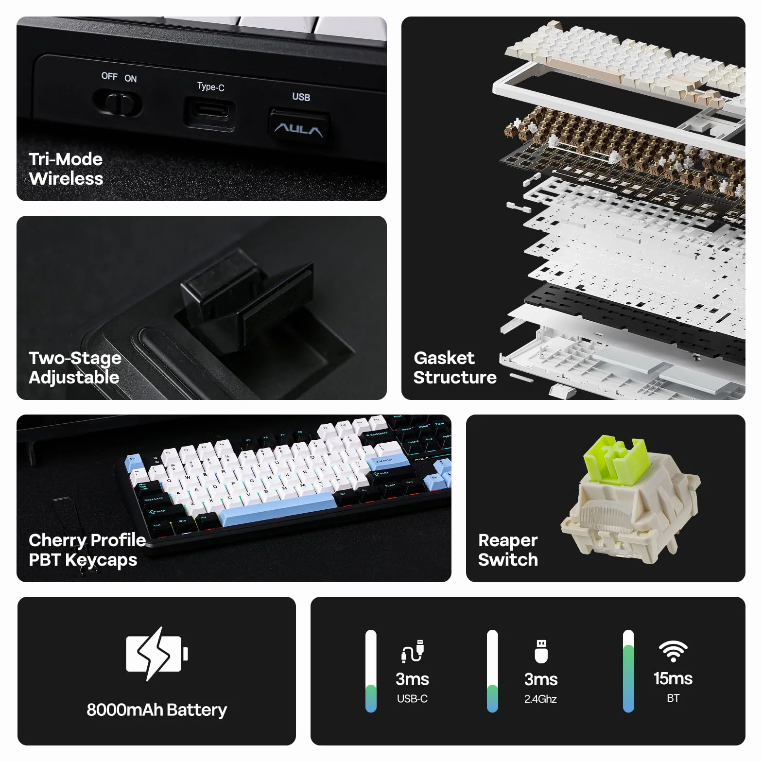 EPOMAKER X AULA F108 PRO Tastiera da Gioco Wireless con Schermo, Batteria da 8000mAh, 104 Tasti e Manopola Sostituibili a Caldo, RGB, per Mac/PC/Android, qwerty (NeroBiancoBlu, Reaper Switch)