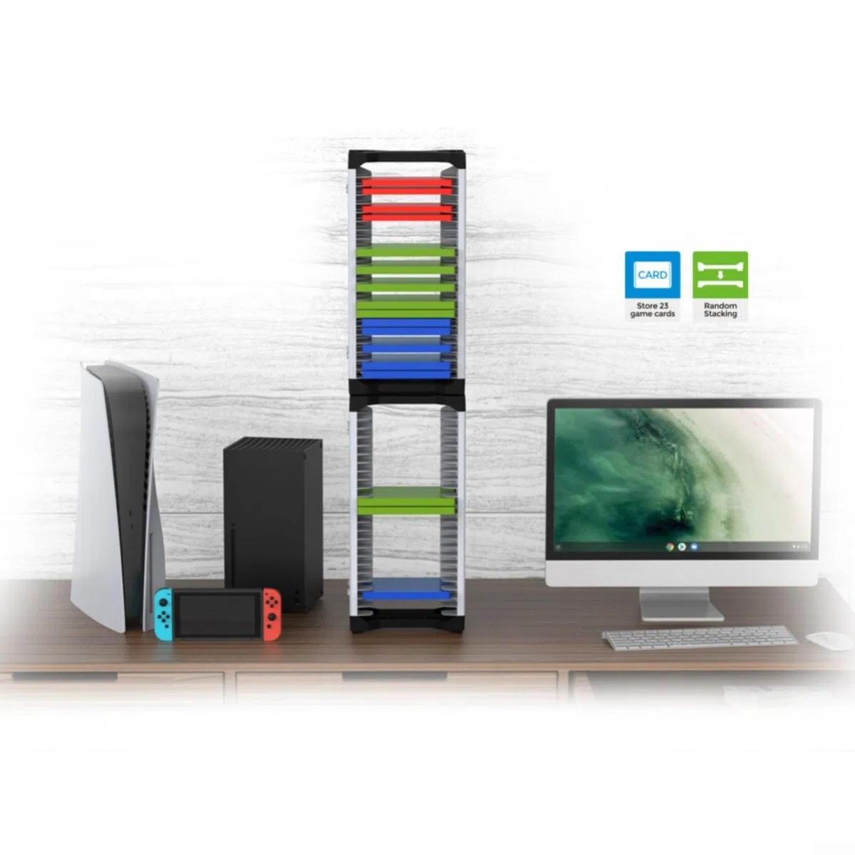 Scaffale a torre di archiviazione per videogiochi, contiene 46 dischi con supporto per controller integrato, organizer per supporti in ABS, supporto per console e accessori da gioco (doppio strato)
