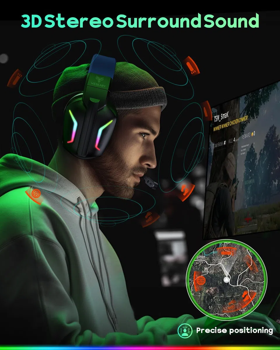 WESEARY Cuffie da gioco wireless con microfono per PS5, PS4, PC, Switch, telefono cellulare, Mac, laptop, 2,4 GHz e cuffie Bluetooth con microfono a cancellazione del rumore, batteria 60H, luce LED