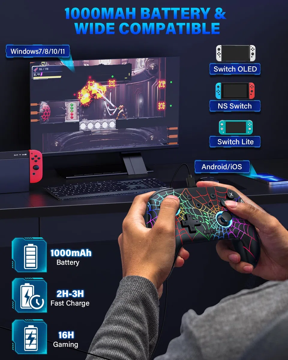 DBEPANK Switch Controller, controller wireless Pro compatibile con Nitendo Switch/Switch Lite/Switch OLED, Switch Controller Pro, Gamepad remoto ricaricabile con giroscopio a 6 assi, 10 luci RGB
