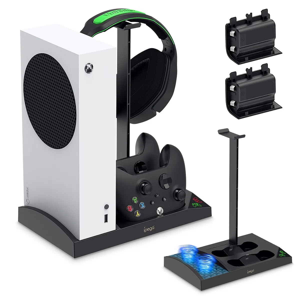 Supporto di raffreddamento compatibile con console Xbox Series S con stazione di ricarica per controller, doppia ventola di raffreddamento potente e dock di ricarica con 2 batterie ricaricabili da
