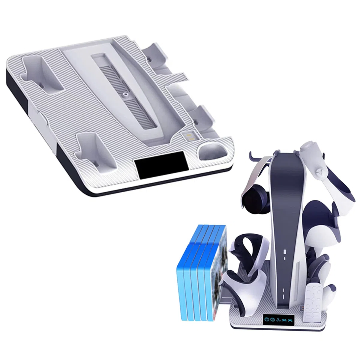 Stazione di ricarica adatta per controller PSVR2/PS5, supporto con ventola di raffreddamento per console PS5 UHD/DE, 4 controller dock caricabatterie e 10 giochi di archiviazione