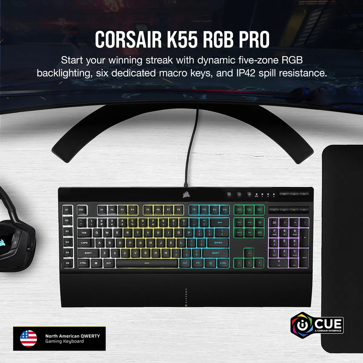 TECLADO (INGLES) CORSAIR K55 RGB PRO GAMING BACKLIT ZONED RGB LED RUBBERDOME