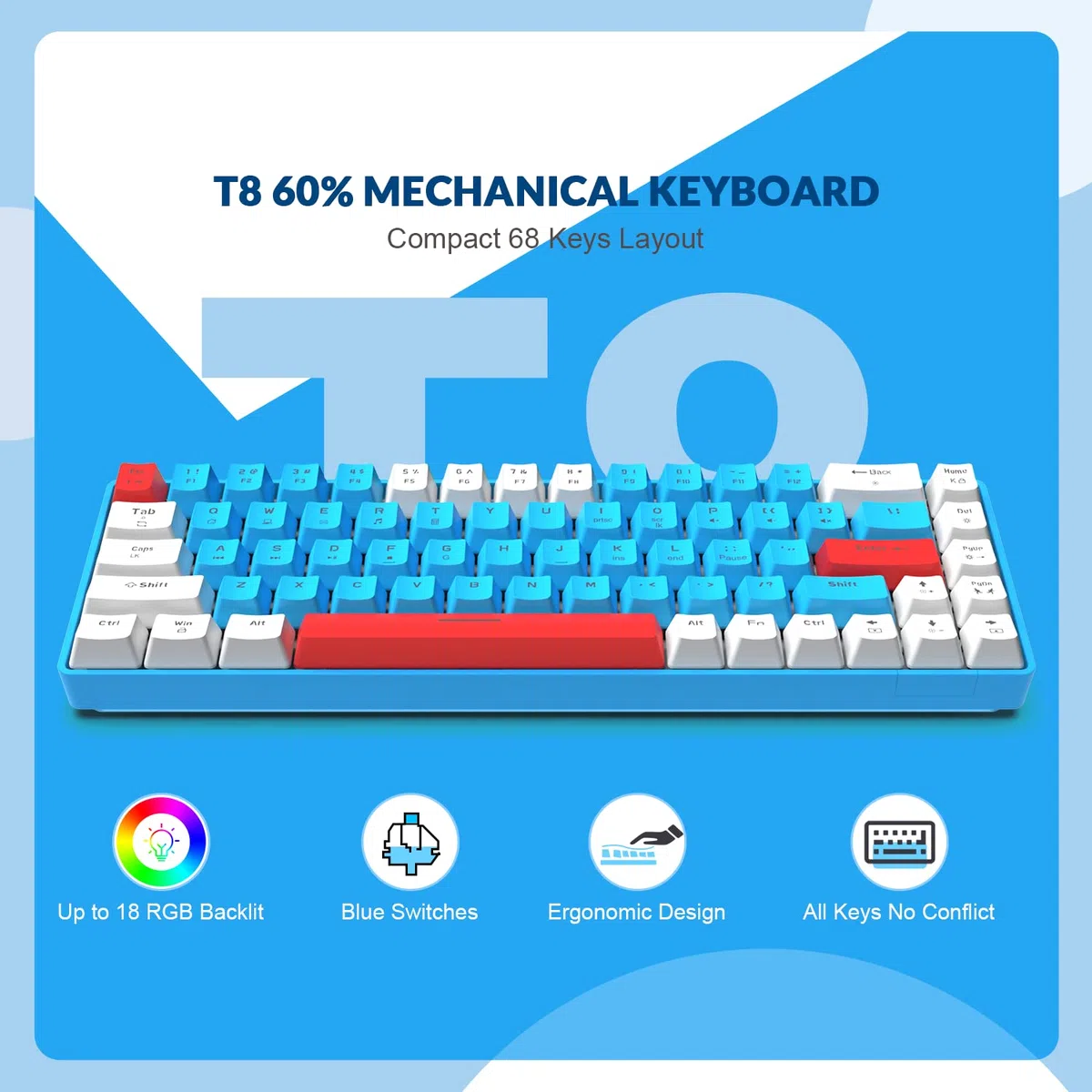 YINDIAO T8 60% Tastiera da Gioco,68 Tasti Tastiera Meccanica Cablata Compatta,18 Chroma RGB Retroilluminato,Interruttore Rosso,Cavo USB C A Spirale,per PC,Mac,PS4 -Grigio Chiaro
