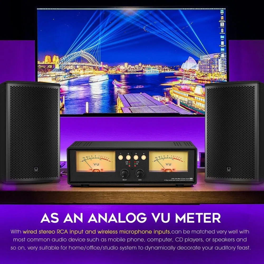 VU2 VU Meter analogico indicatore di livello sonoro con modalità di commutazione 4-IN-1-OUT e 1-IN-4-OUT per sorgenti audio stereo RCA e ingresso microfono (retroilluminazione blu)