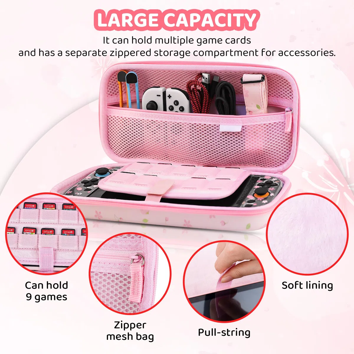 RHOTALL Custodia da trasporto rosa con fiori di ciliegio per Nintendo Switch 2, custodia protettiva da viaggio Sakura, custodia trasparente glitterata con fiore agganciabile per Switch 2, pellicola