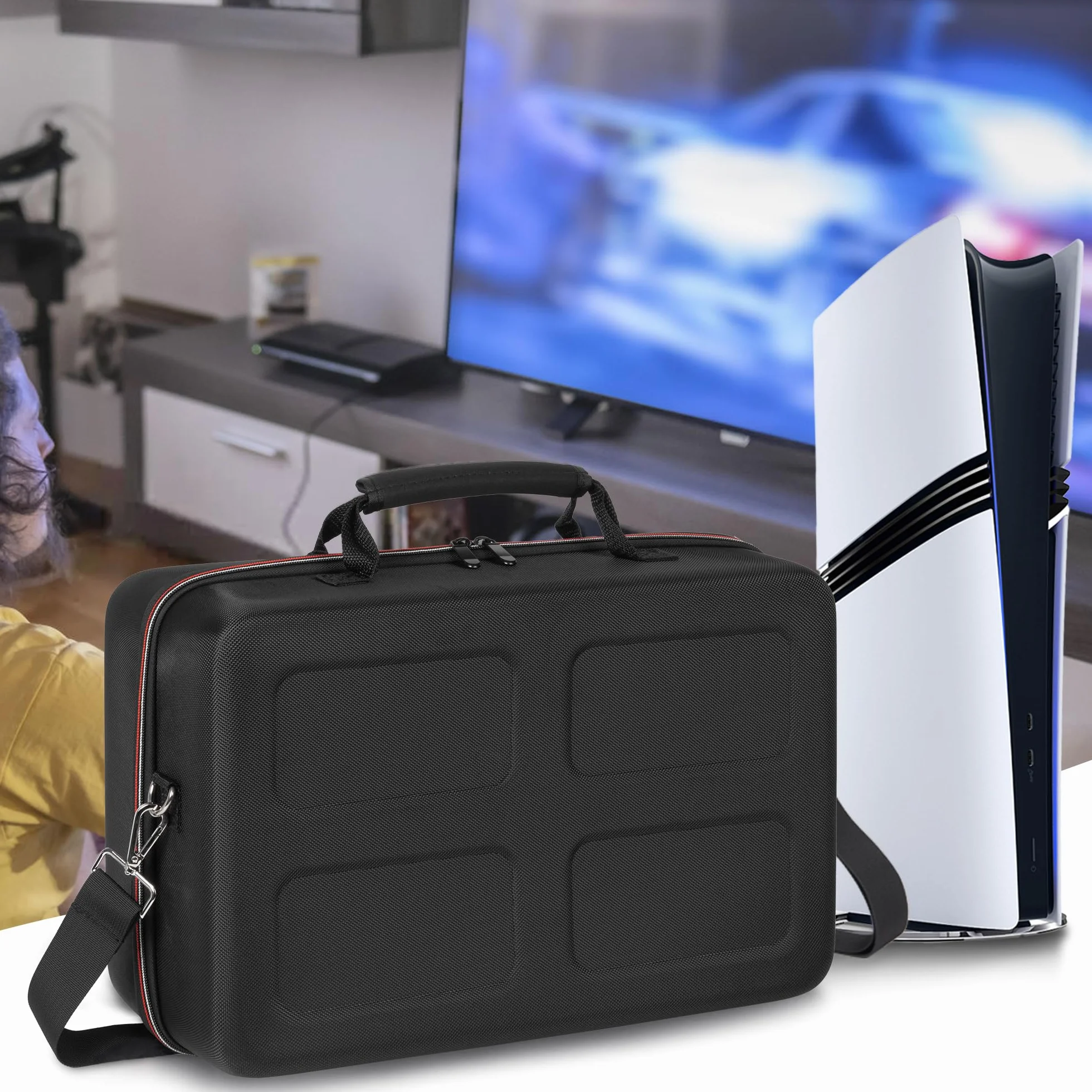 OUUTMEE Custodia da trasporto Applicabile a Play station 5, compatibile con PS5/PS Slim/PS5 Pro, borsa protettiva con tracolla per console Disc/Digital Edition, schede di gioco, HDMI