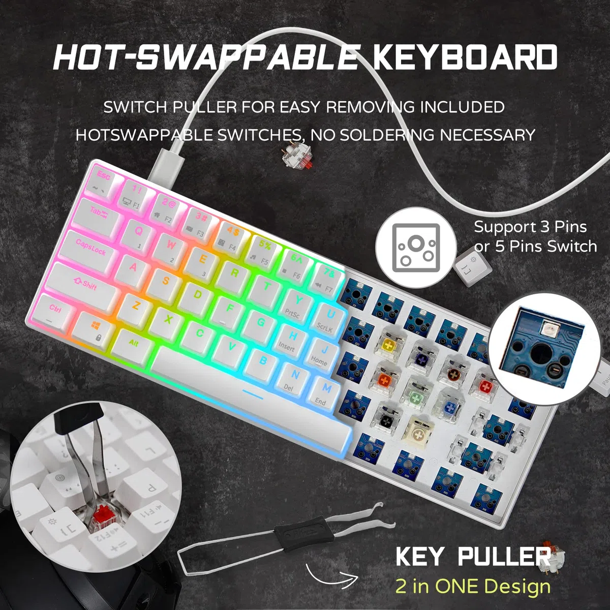 RK ROYAL KLUDGE RK61 QMK/VIA Tastiera Meccanica Al 60%, Tastiera Da Gioco Cablata Programmabile A 61 Tasti Retroilluminazione RGB Layout USA Sostituibile A Caldo (Interruttore Rosso, Bianco)