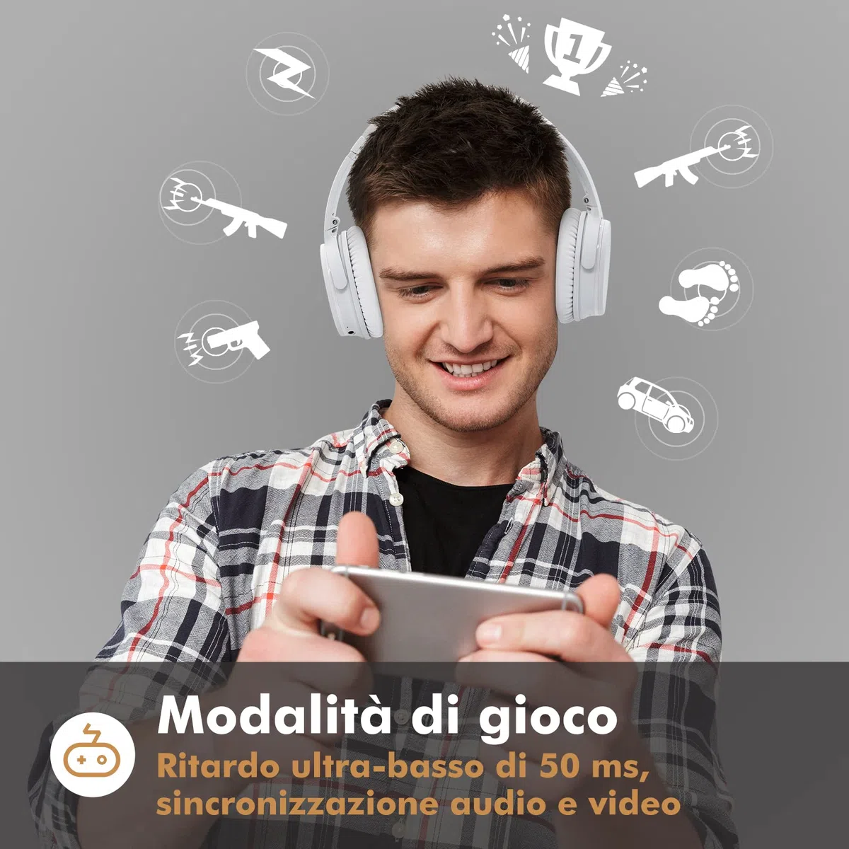 Srhythm NC25 Cuffie Stereo con Cancellazione Attiva del Rumore, Bluetooth 5.3, Auricolari ANC Over-ear con Hi-Fi, Microfono, Autonomia di 50 Ore, Assistente Vocale, ModalitàGioco a Bassa Latenza
