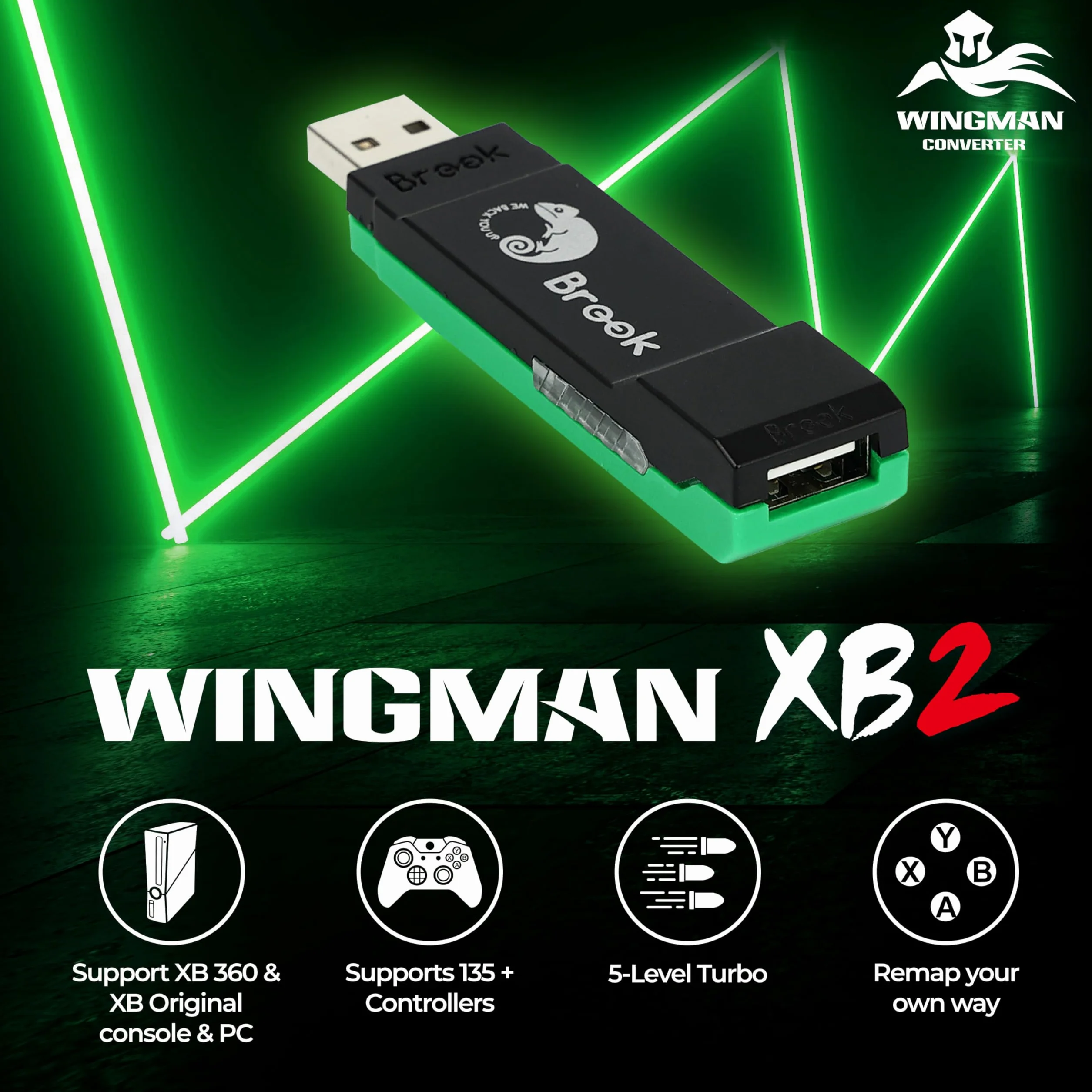 Brook Wingman XB 2 Convertitore con Portachiavi - Adattatore Controller Wireless per XB 360, XB Original Console e PC, Supporta Remap e Turbo Regolabile [Versione Esclusiva]
