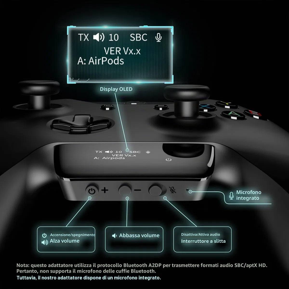 Adattatore Audio Wireless Bluetooth 5.2 per Controller Xbox One, Series X|S e Elite 2, Adattatore Xbox Mic con Schermo Supporta Bassa Latenza