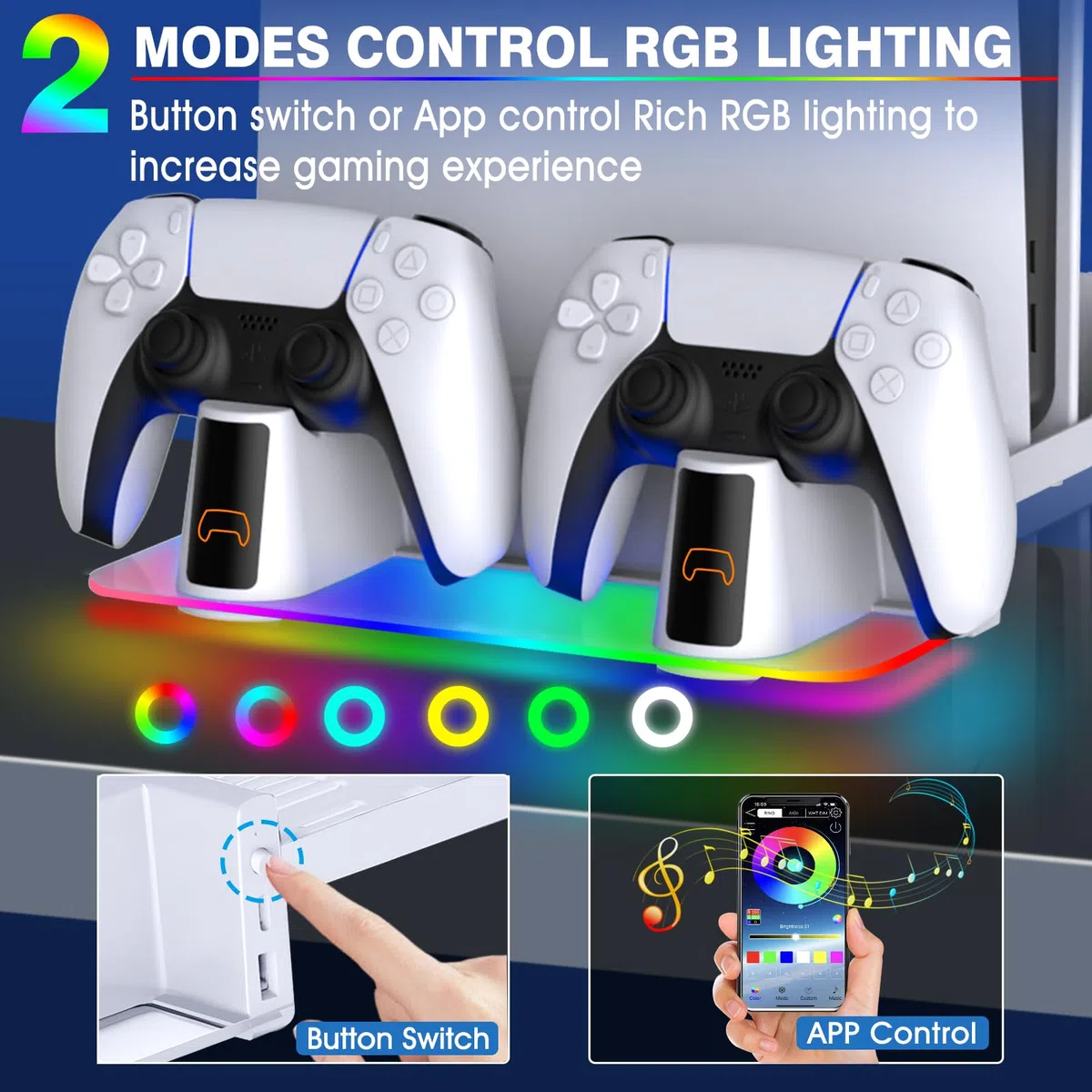 WAYCOM Kit di montaggio a parete PS5 con stazione di ricarica RGB LED per console PS5, PS5 Pro e PS5 Slim Console Disc & Digital, caricabatterie doppio controller veloce, supporto da parete in acciaio