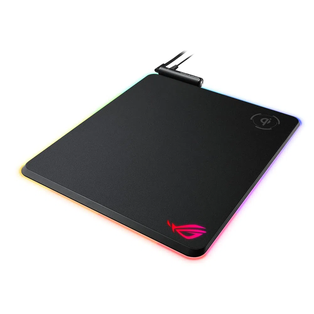 ASUS ROG Balteus Qi, Mousepad Gaming con Ricarica Wireless e Illuminazione RGB Aura Sync a 15 zone, Superficie Rigida Verticale, Passthrough USB e Base Antiscivolo, Nero