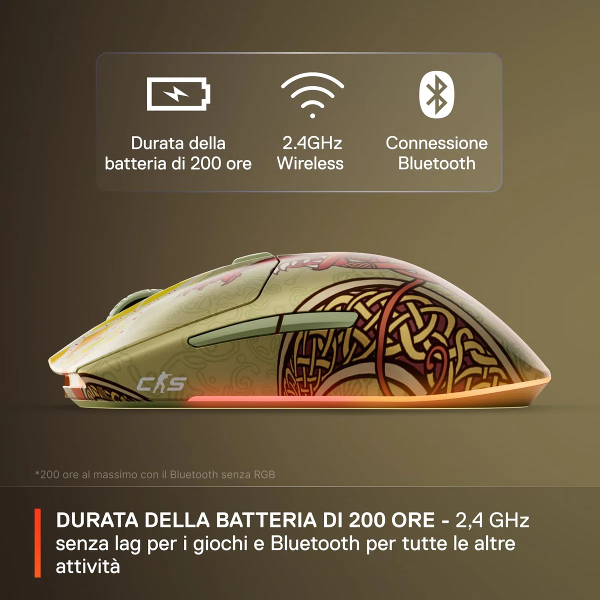 SteelSeries CS2 Dragon Lore Edition - Mouse da gaming wireless - Counter-Strike - 2,4GHz e Bluetooth - Sensore ottico TrueMove Air da 18K DPI - Batteria fino a 200 HR - 80M di clic garantiti