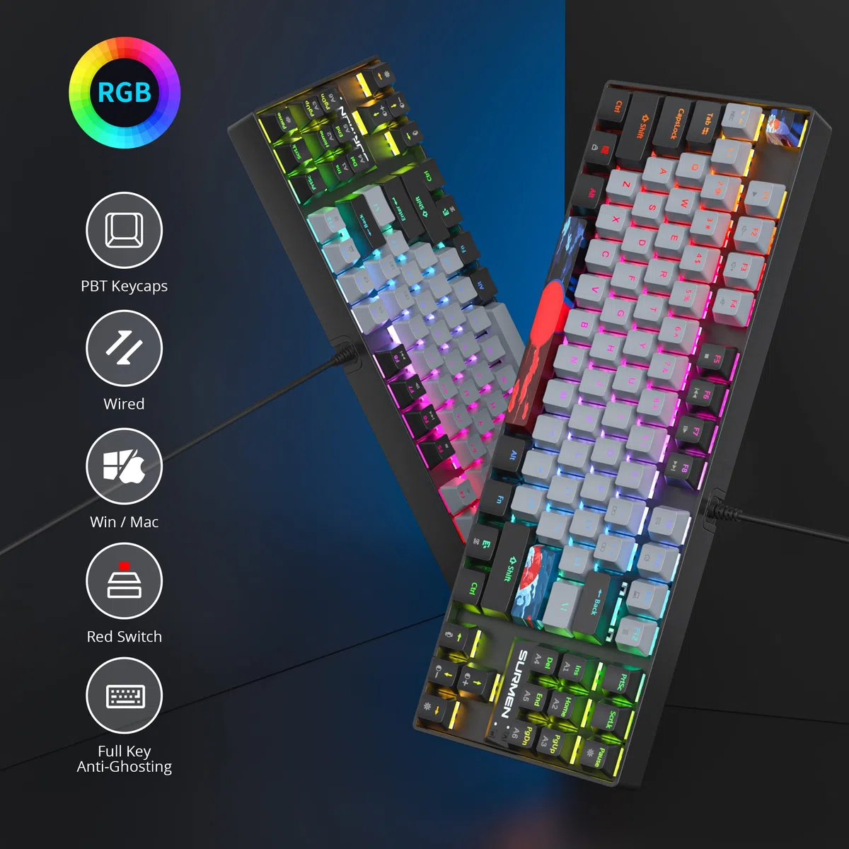 Owpkeenthy Tastiera meccanica da gioco al 75% con interruttore rosso, tastiera retroilluminata RGB, 87 tasti, compatta TKL, con cavo, per laptop, PC, gamer, Xbox PS (interruttore grigio/rosso 87)
