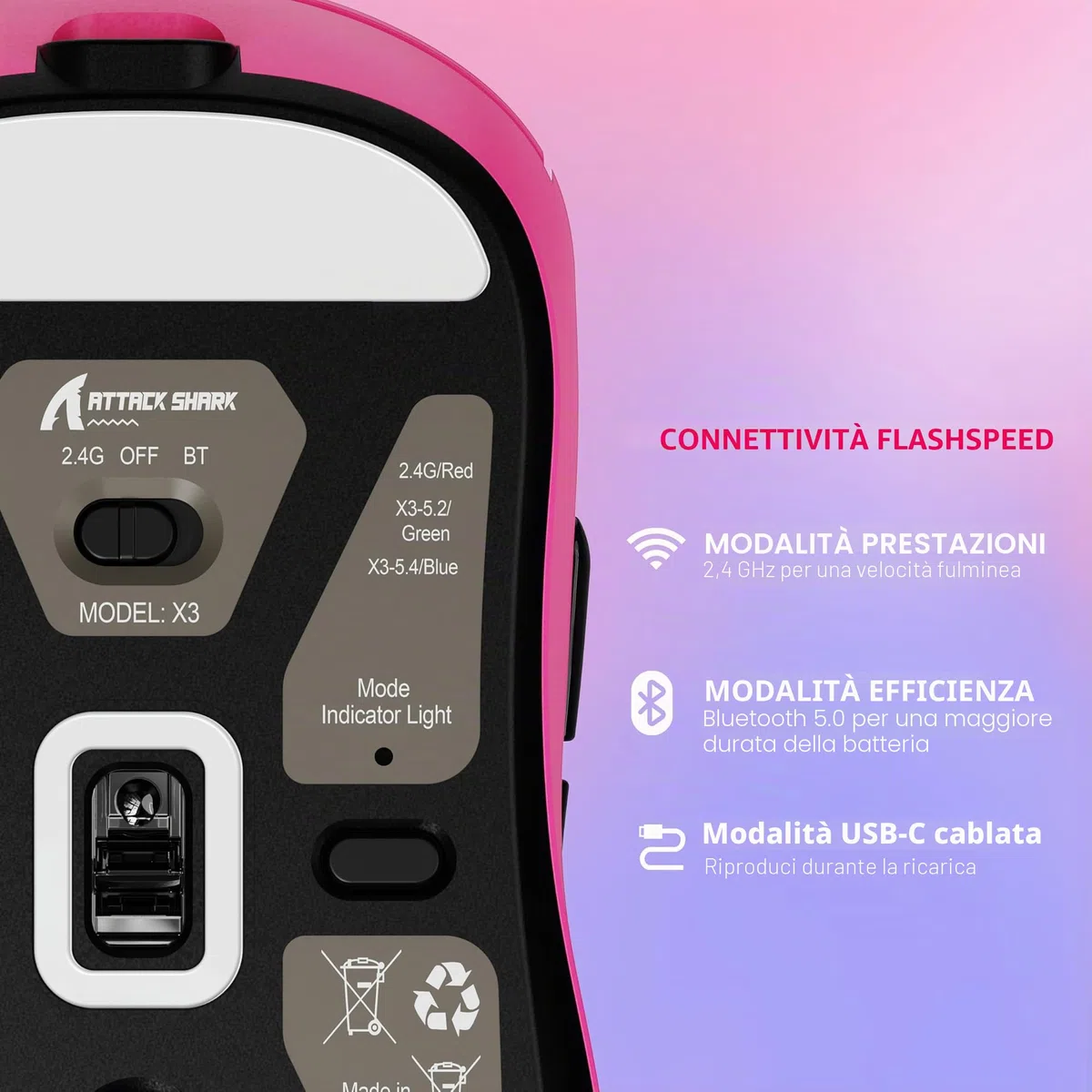 VGN GAMEPOWER ATTACK SHARK X3 SUPERLIGHT Mouse Gaming Wireless, 49g Ultraleggero Mouse da Gioco, PixArt PAW3395, 26000DPI, 2.4G/Bluetooth/Cablato, Mouse Grip Tape, Durata Batteria 200Hrs, Bacca Rossa