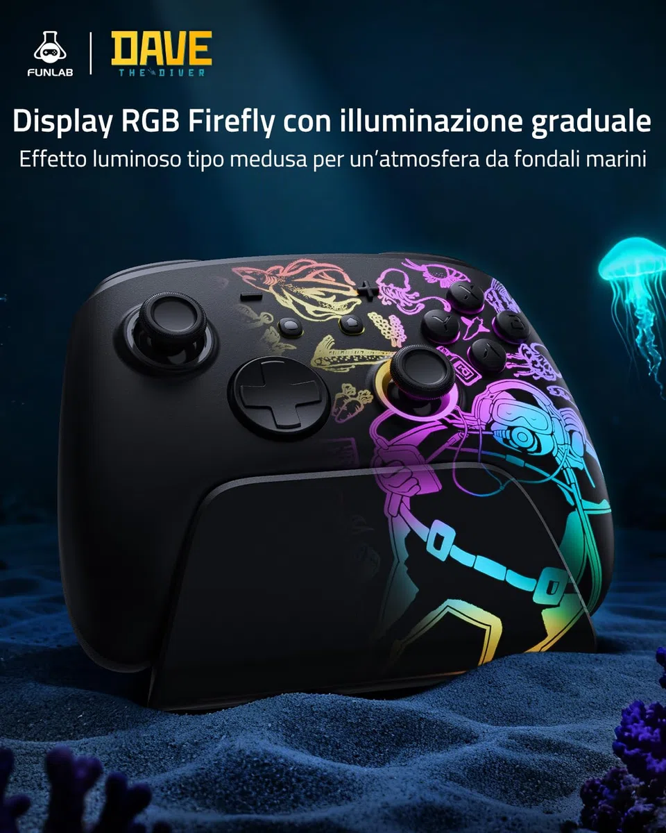 Funlab Controller Switch 2 Pro con Dock per Nintendo Switch 2/1/OLED, Wireless Luminex con Sveglia 1 Tocco/Effetto Hall / 7 LED/Turbo, Setup Gaming RGB - Licenza Ufficiale Dave the Diver