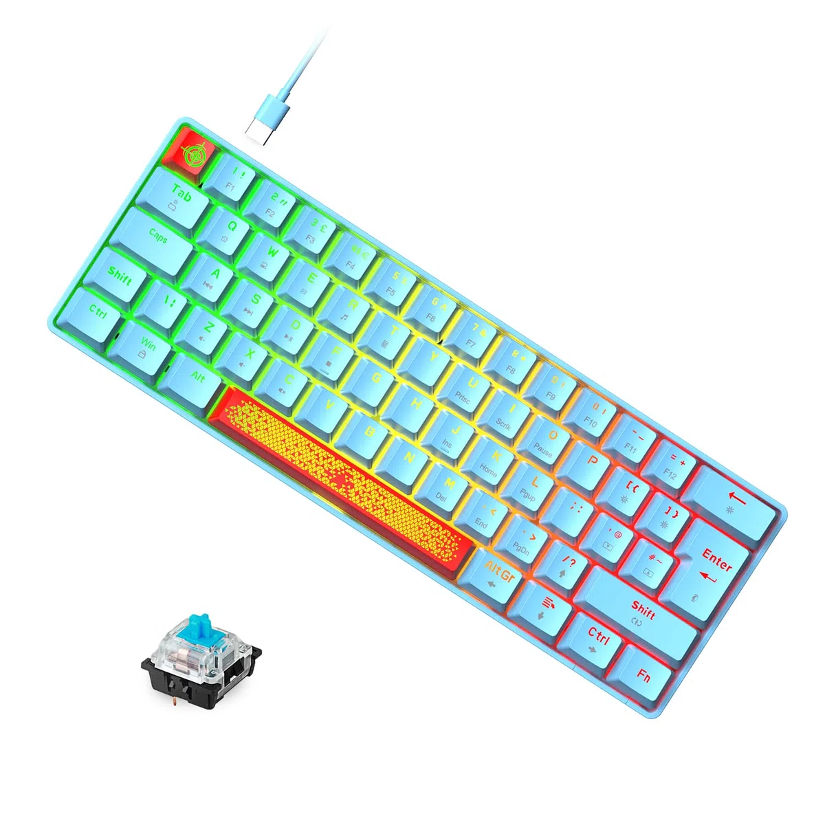 Tastiera da gioco al 60% con interruttore blu, 62 tasti compatti, 18 LED Chroma RGB retroilluminata, USB staccabile di tipo C, extra due tasti rossi tastiera meccanica (blu)