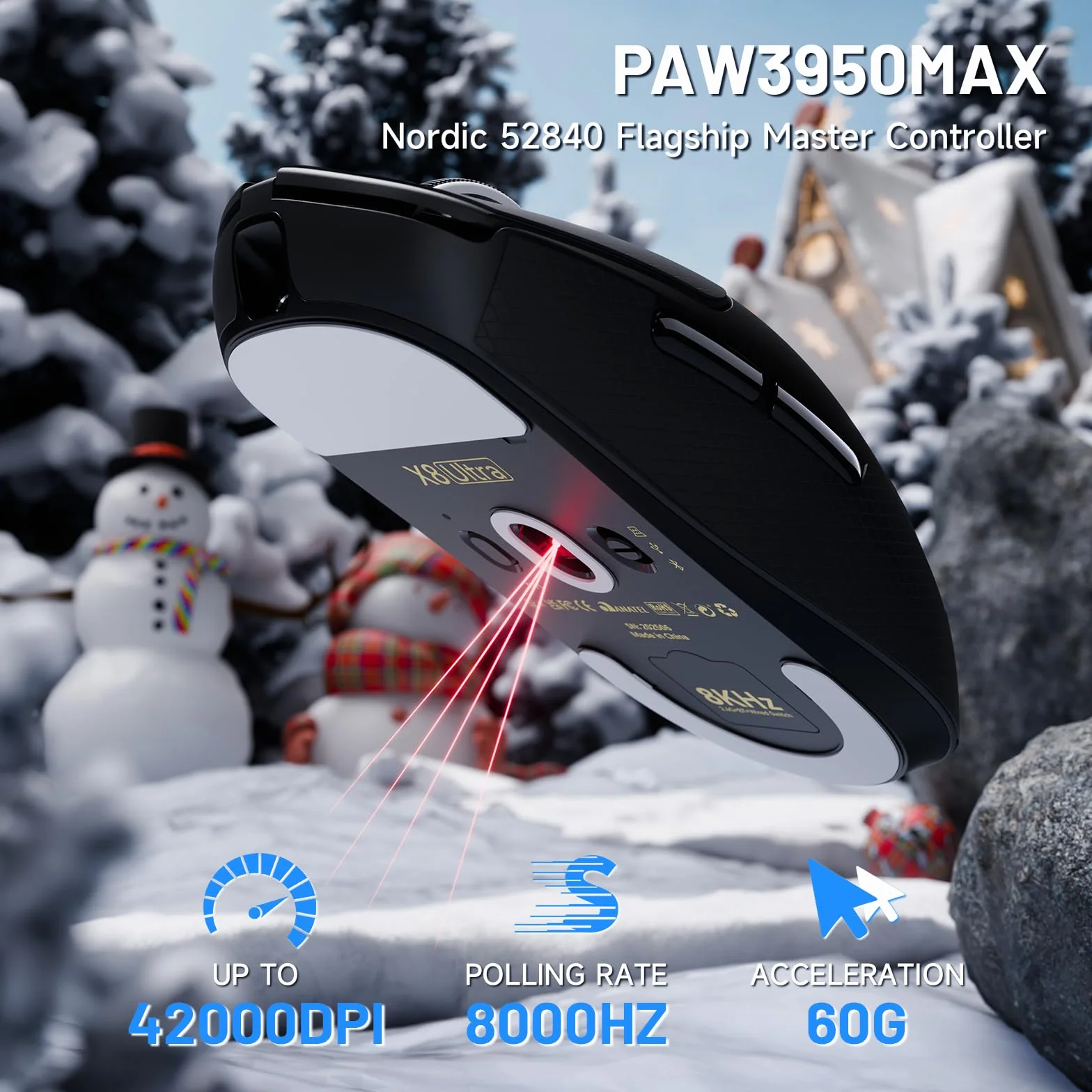 ATTACK SHARK X8 Ultra 8KHz Topo Gaming Senza Fili, 55g Ultraleggero, Nordic 52840, PAW3950MAX, 42KDPI, BT/2.4Ghz/Filo, Rivestimento Nano Freddo, Mani Grandi, 500mAh, Griptape, SW & Web Driver (Nero)
