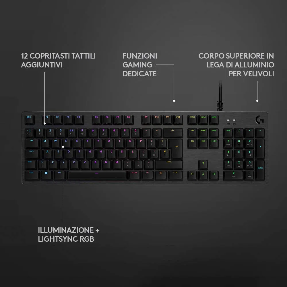 Logitech G512 Tastiera Gaming Meccanica, RGB LIGHTSYNC, Tasti Retroilluminati, GX Red Lienear Switch, Telaio in Alluminio Spazzolato, Tasti Personalizzabili, USB, QWERTY US Layout, Carbon/Nero