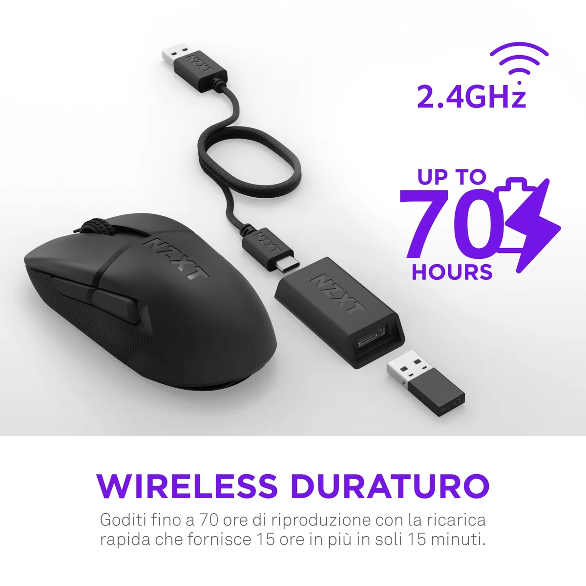 NZXT Lift Elite Wireless Gaming Mouse – Ultra leggero 57 g – 4K/8K Polling Rates, Switch ottici, Sensore ottico 26K DPI – Lunga durata della batteria – Grip laterali in gomma – Nero