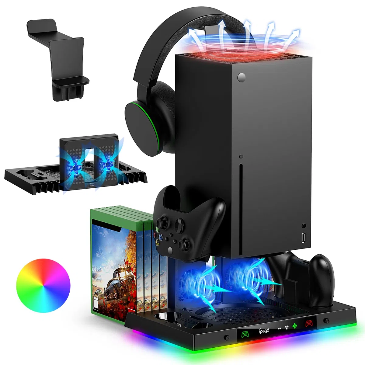 FYOUNG Supporto per ventola di raffreddamento aggiornato e doppio dock di ricarica per console e controller Xbox Series X, accessori XSX con 15 luci RGB, sistema di raffreddamento e caricabatterie con