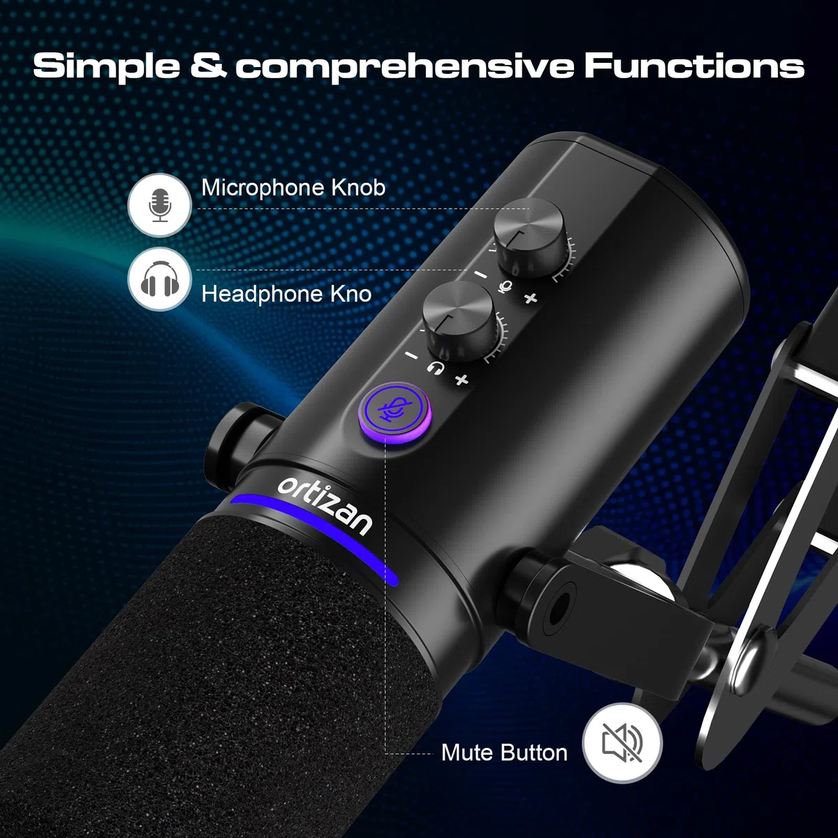Ortizan Microfono dinamico XLR/USB, microfono per podcast, microfoni a condensatore con pulsante mute, effetti riverbero, cancellazione del rumore, supporto per braccio, jack per cuffie, streaming