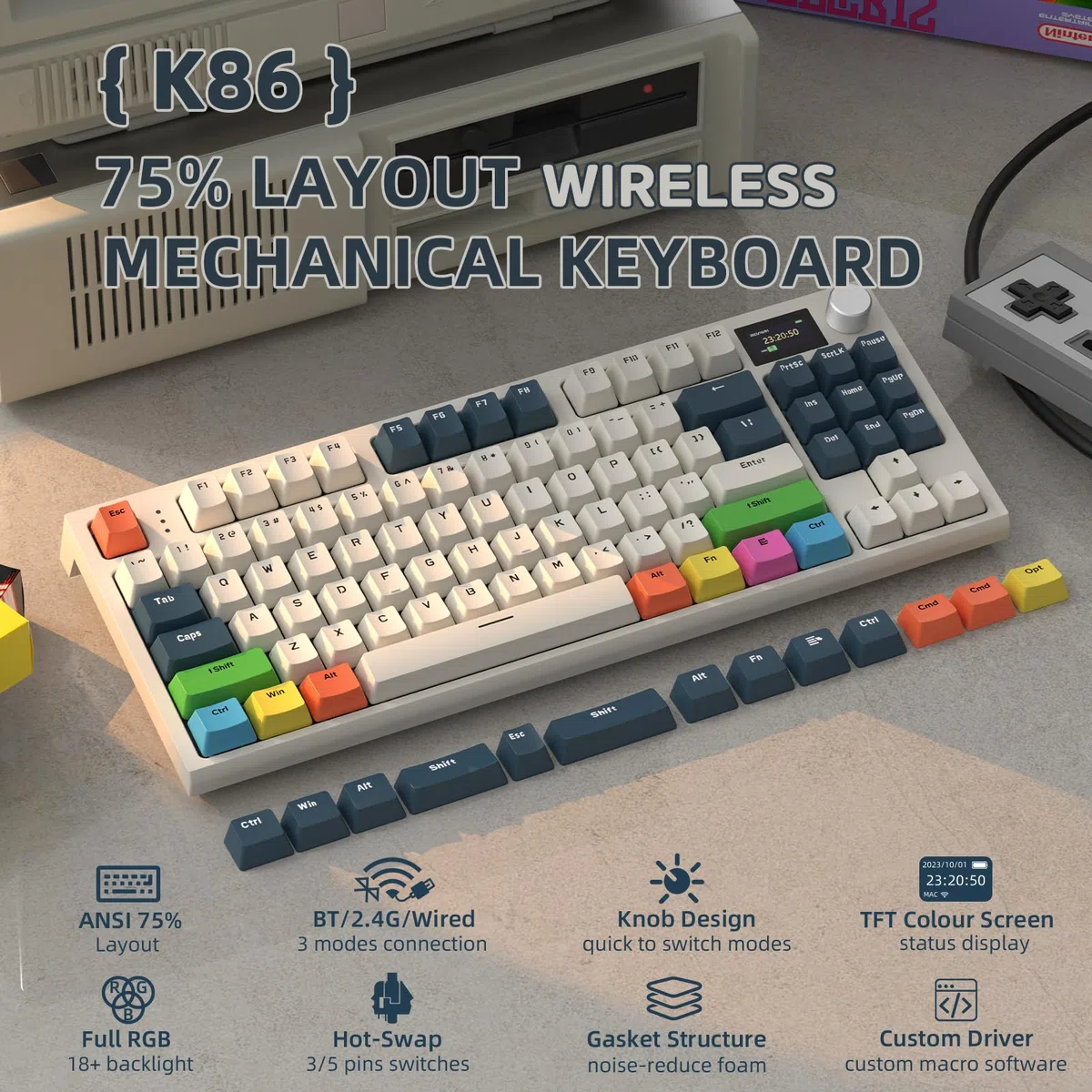 VGN GAMEPOWER x ATTACK SHARK K86 Tastiera Meccanica Wireless, Apex Pro TKL Gasket Tastiera Gaming RGB 75%, 2.4G/Bluetooth/USB-C con Schermo TFT, Manopola, Hot Swappable Interruttore Lineare, PC/MAC