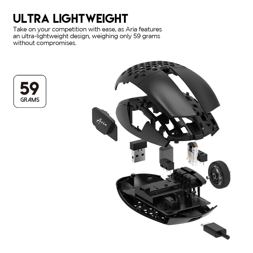 Fantech ARIA XD7 Mouse da gioco wireless - Pixart 3395 Sensore da gioco 26000 DPI, interruttori KAILH GM8.0, super leggero 59 grammi e forma di uovo ambidestro, connettività a 3 modalità, nero