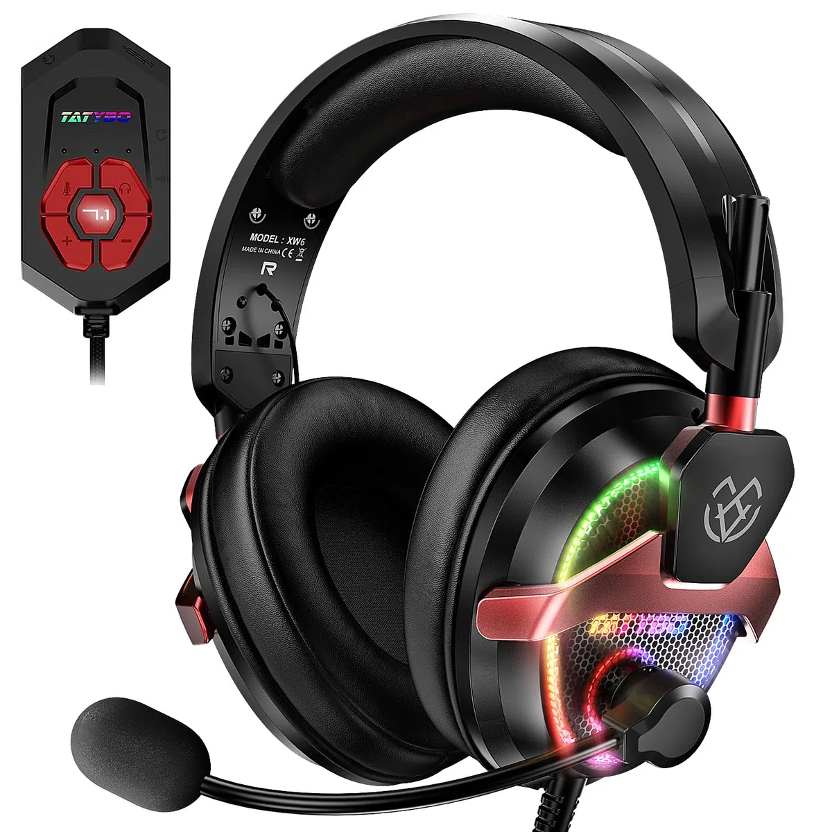 Tatybo Cuffie da gioco per PC con microfono, cuffie USB con suono surround 7.1, cuffie cablate da 3,5 mm per PS4/PS5/Xbox, RGB