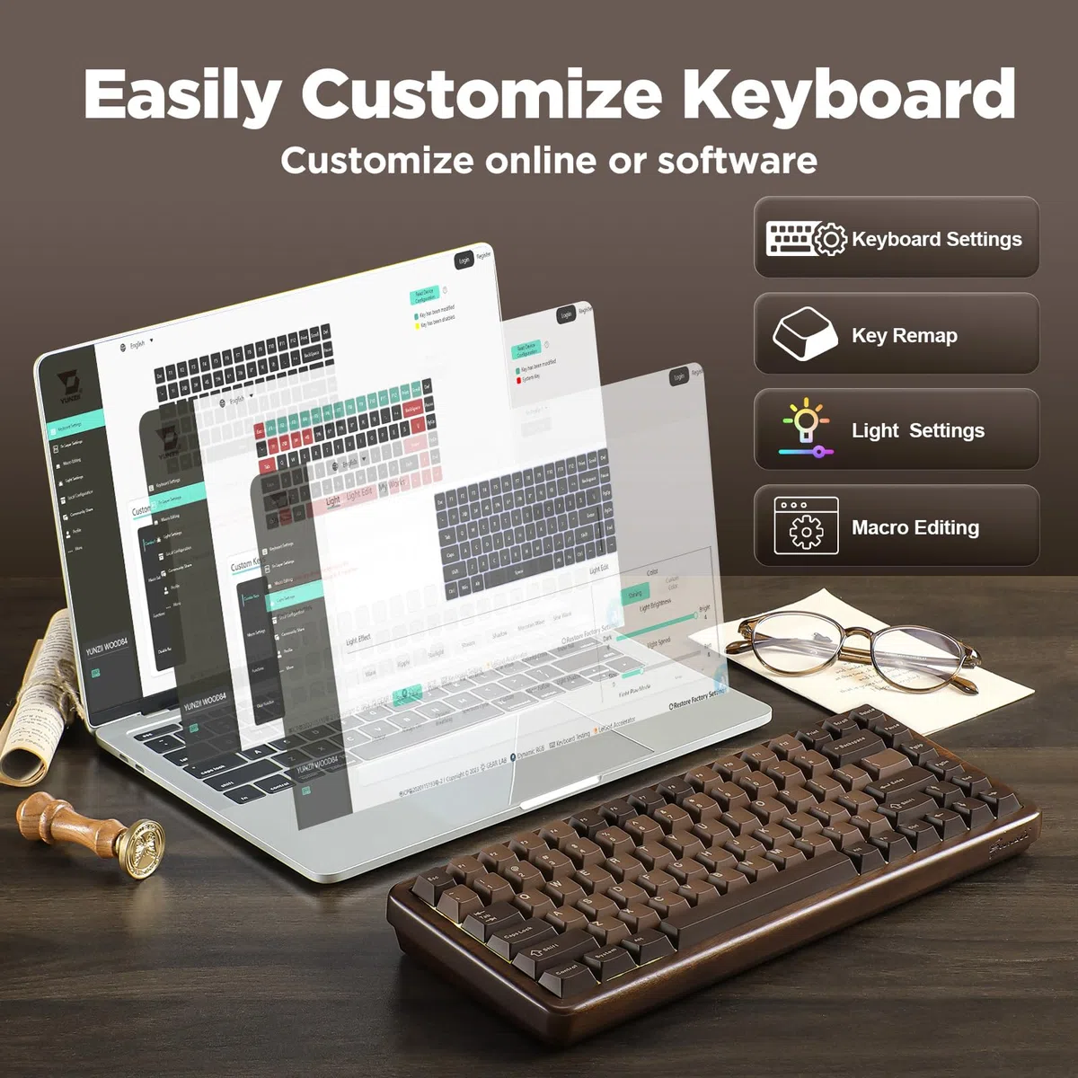 YUNZII WOOD84 Tastiera Meccanica Wireless Gaming 75% in Legno, Keyboard Bluetooth/2.4G/USB-C, Retroilluminazione RGB, Montaggio Tray, Hot-Swap con Tasti PBT per Mac/PC, QWERTY (Candy)