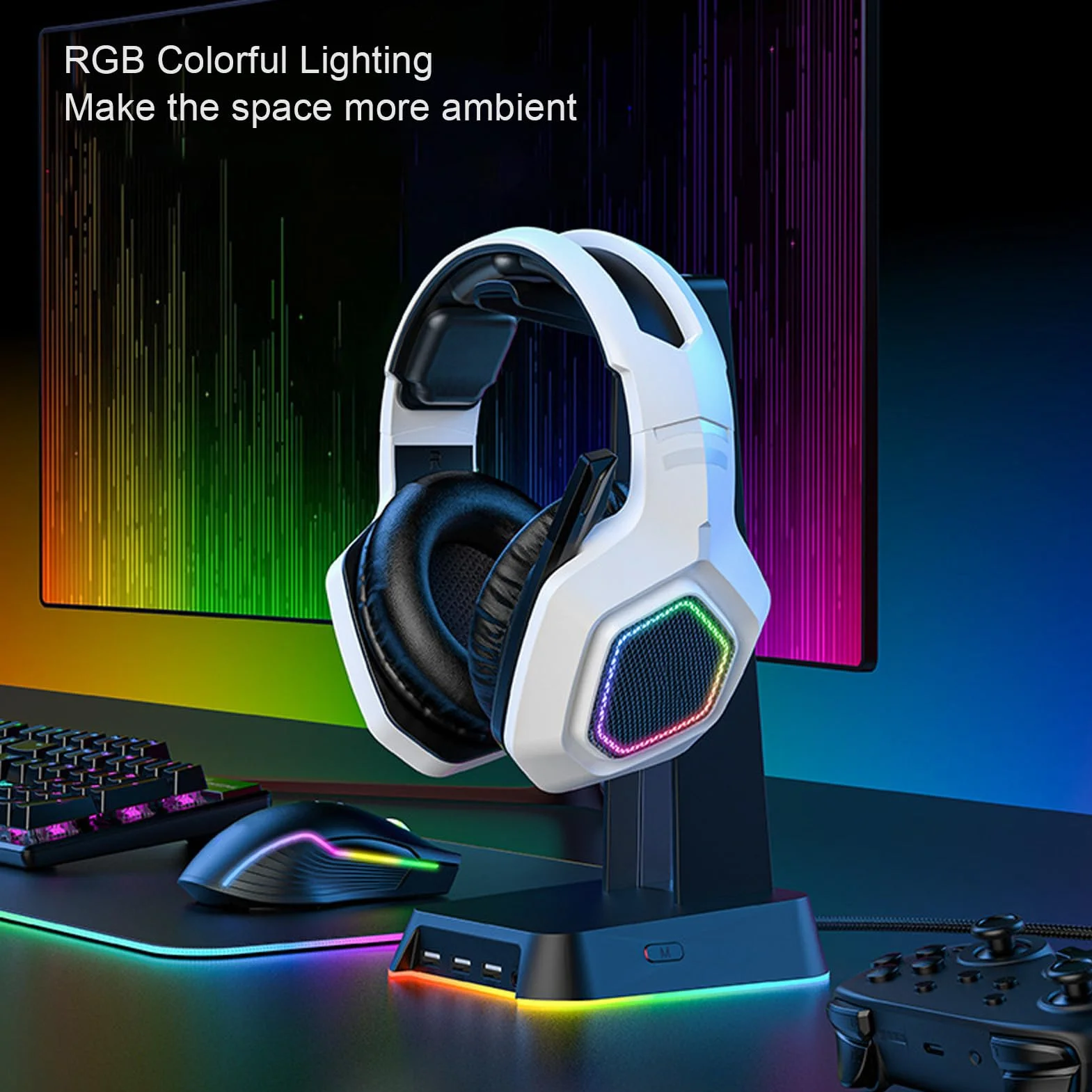 Drfeify Cuffie Wireless Gaming, 2.4Ghz per PC con Microfono e USB bianche, for Gamer, Streaming, Casual Users