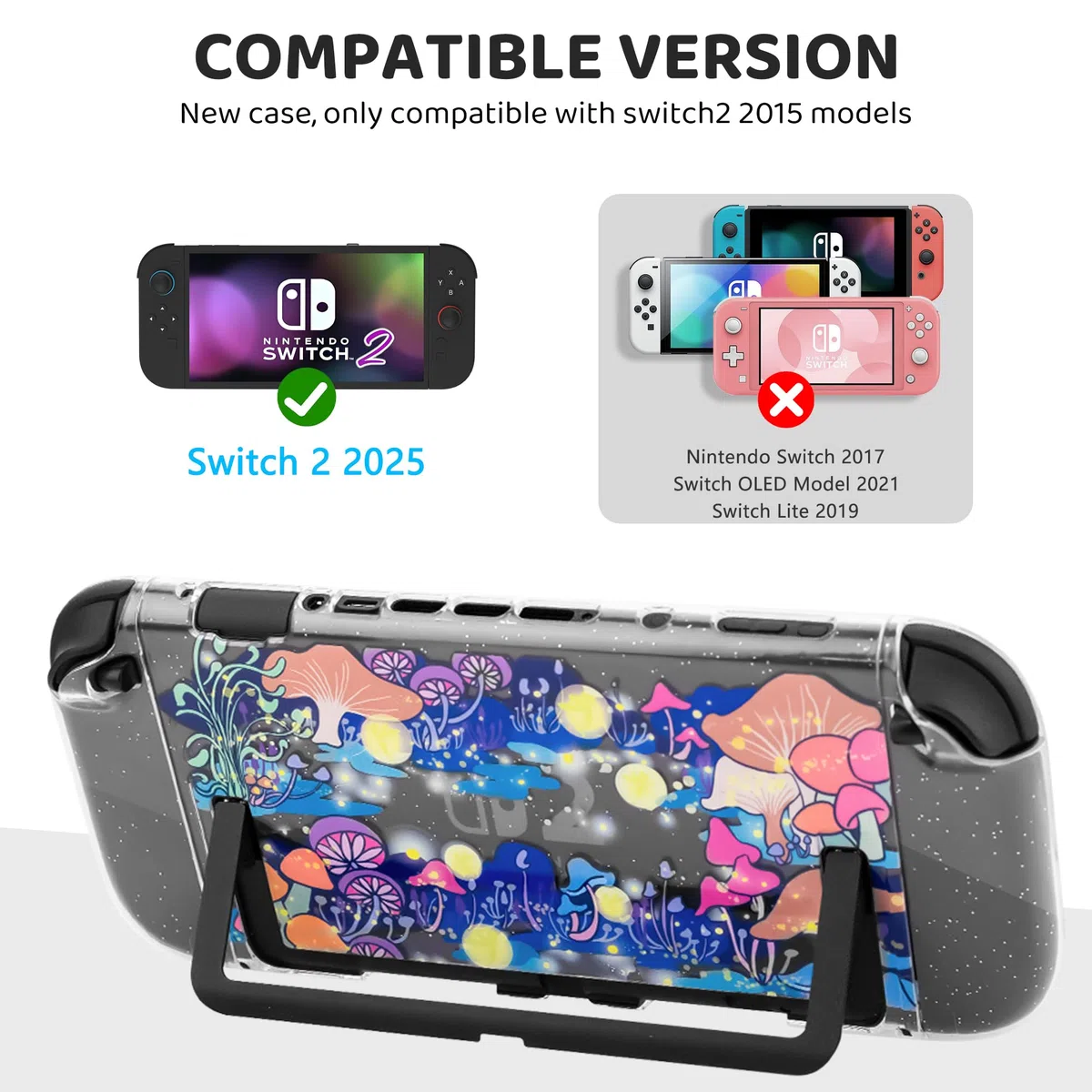 FANPL Custodia carina per Nintendo Switch 2, custodia da viaggio per Switch 2 con pelle rigida glitterata, cinturino regolabile, protezione schermo, tappi per impugnatura per pollice (Firefly Mushroom