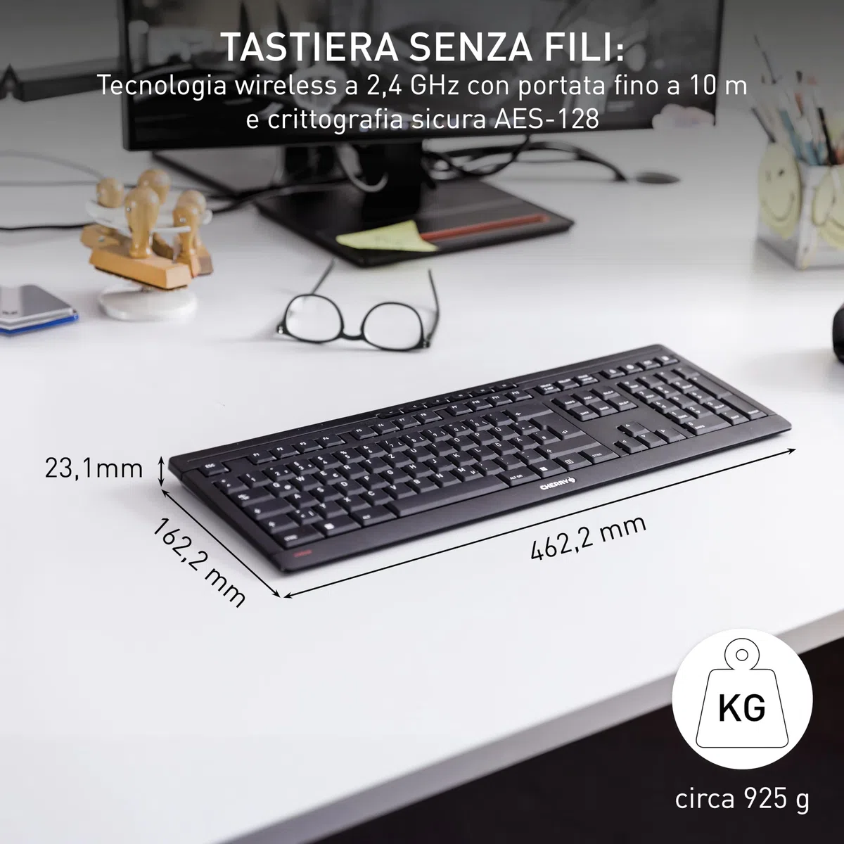 CHERRY STREAM KEYBOARD WIRELESS, Tastiera Senza Fili, Layout per l'Unione Europea (QWERTY), Wireless 2,4 GHz, Tasti Silenziosi, Design Piatto, Alimentazione a Batteria, Nero
