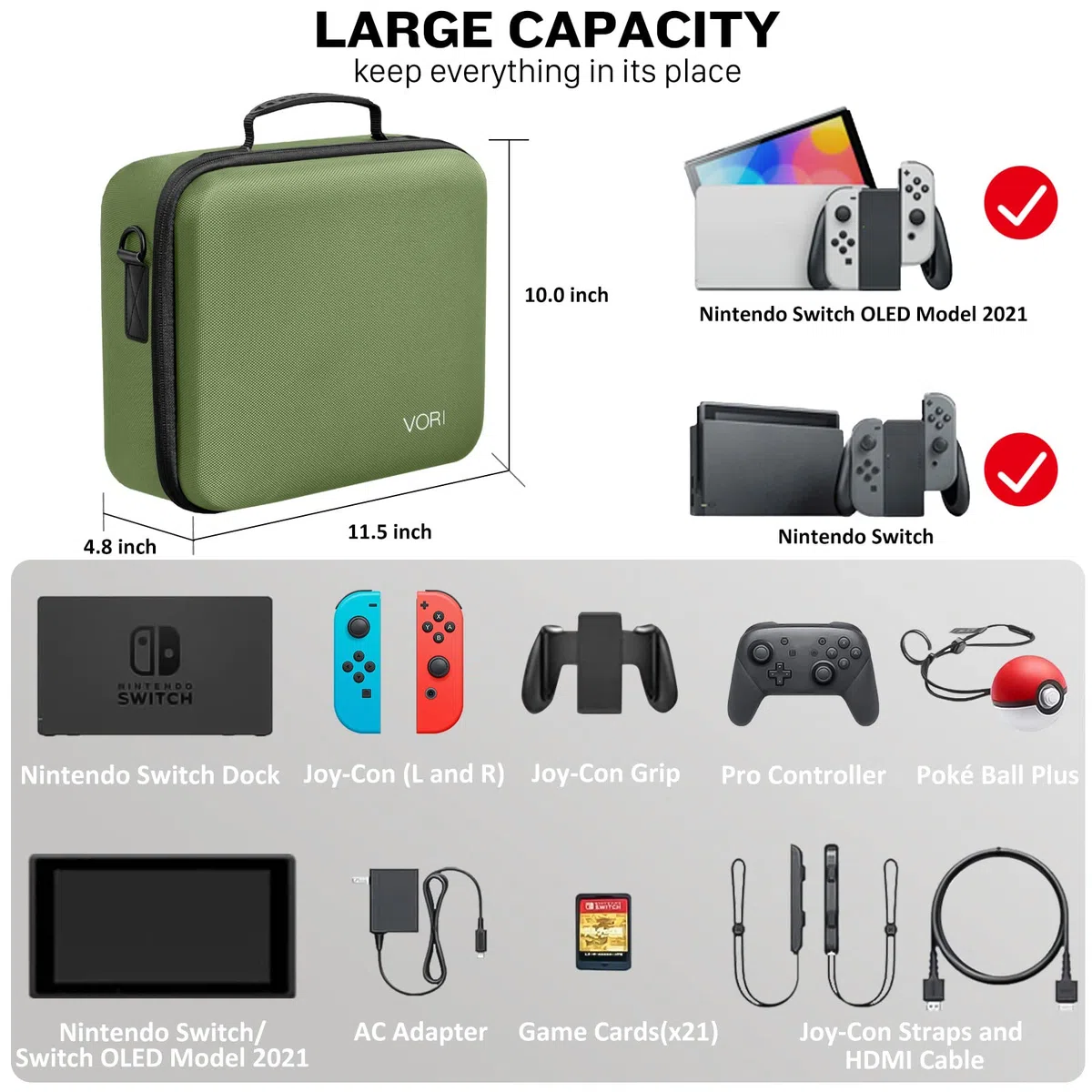 VORI - Custodia per Nintendo Switch, custodia da viaggio, custodia rigida con tracolla per Nintendo Switch Console e accessori, Pro Controller, verde