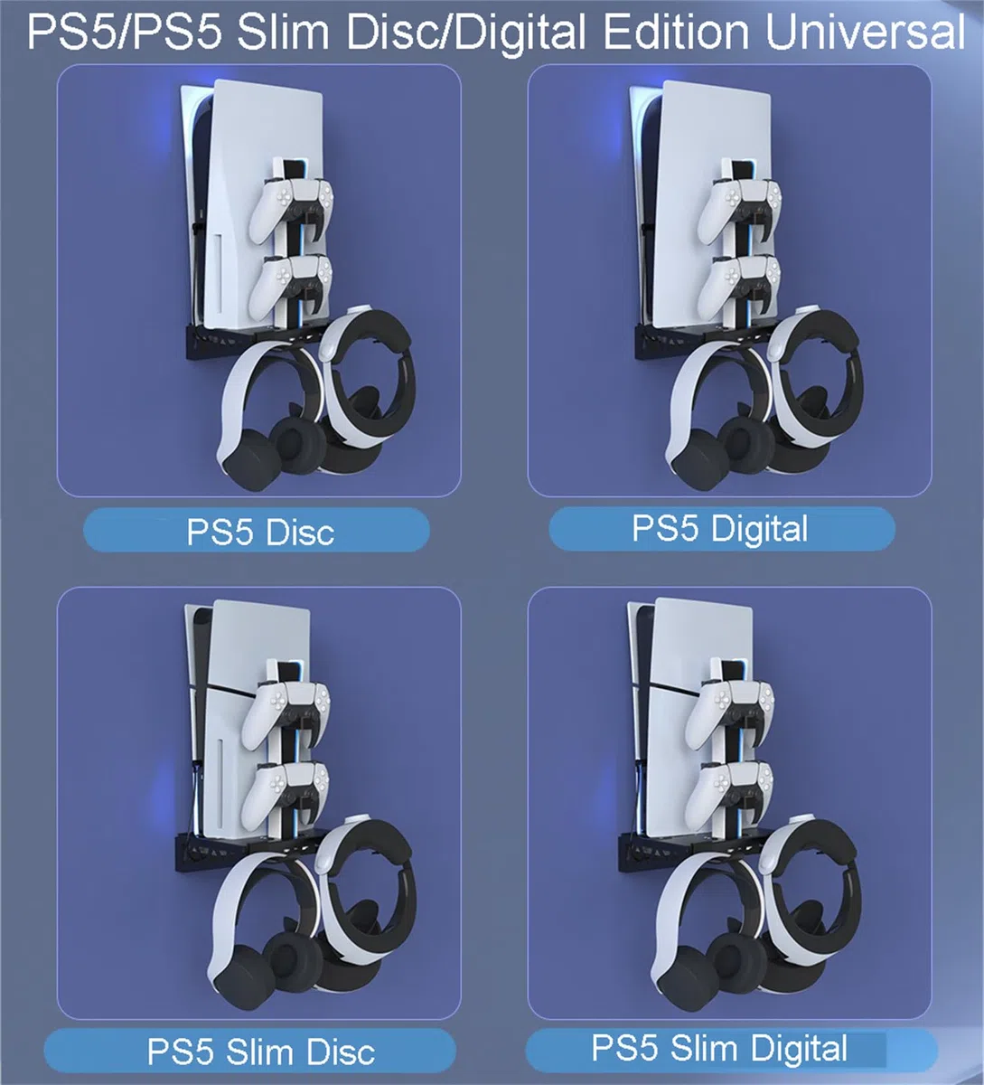 Kit di montaggio a parete per PS5/PS5 Slim con stazione di ricarica e ventole di raffreddamento, accessori per montaggio a mensola PS5/PS5 SL (disco e digitale), supporto da parete in acciaio con