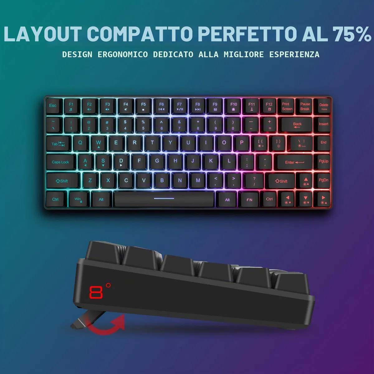 RedThunder K84 Tastiera e mouse da gioco wireless al 75% con retroilluminazione arcobaleno layout UK 85 tasti TKL ultra compatto mini design leggero mouse da gioco a nido d'ape per PC Mac PS5 Xbox
