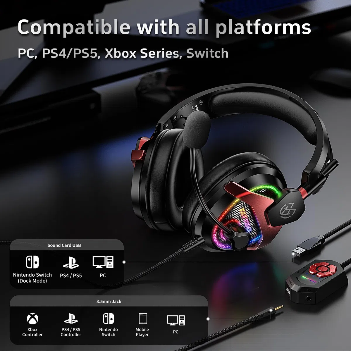 Tatybo Cuffie da gioco per PC con microfono, cuffie USB con suono surround 7.1, cuffie cablate da 3,5 mm per PS4/PS5/Xbox, RGB