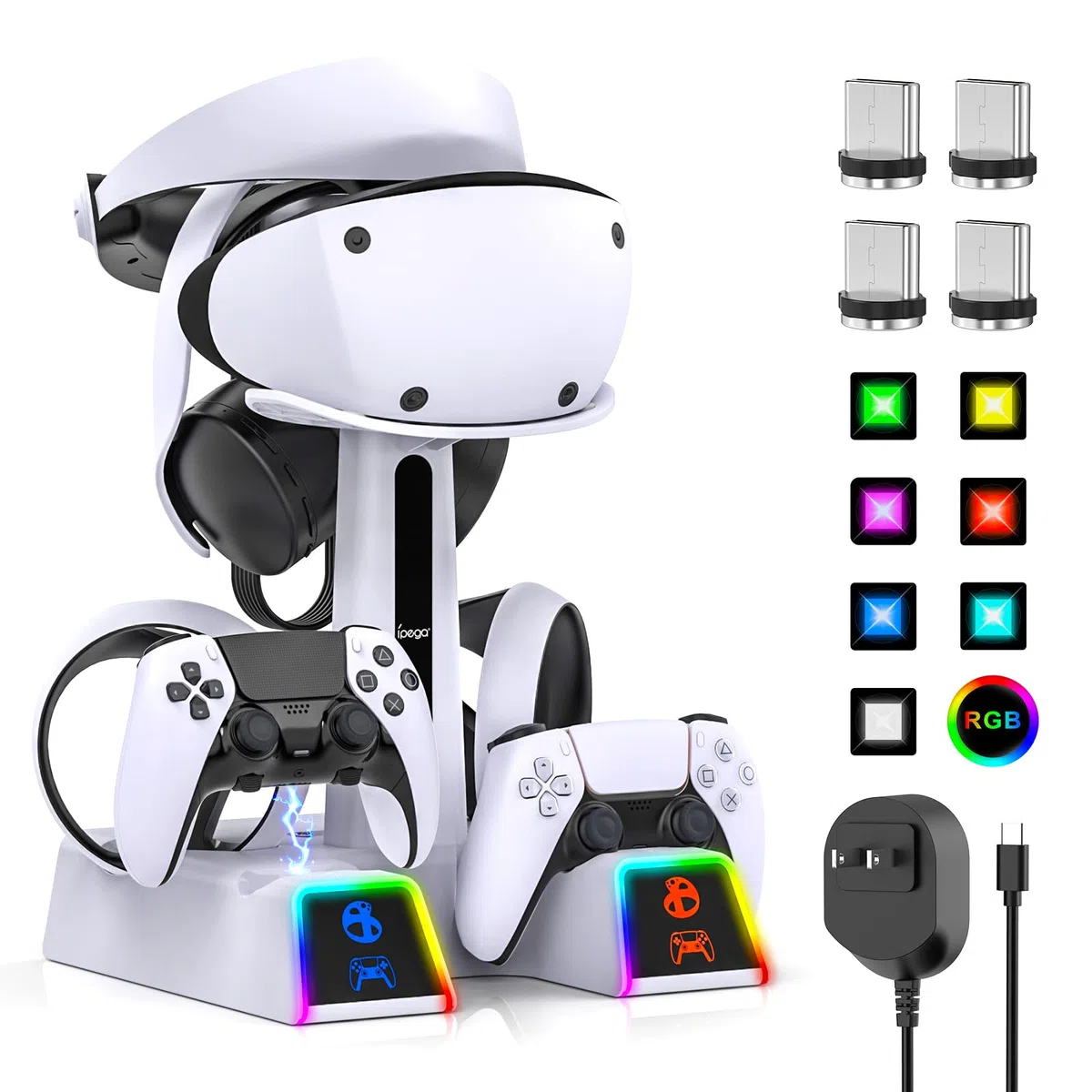 Controller RGB stazione di ricarica per PS VR2 / PS5 / PS5 Edge con adattatore 5 V/3 A e 10 luci a LED, dock di ricarica wireless per Playstation 5, supporto di ricarica con supporto per cuffie VR2