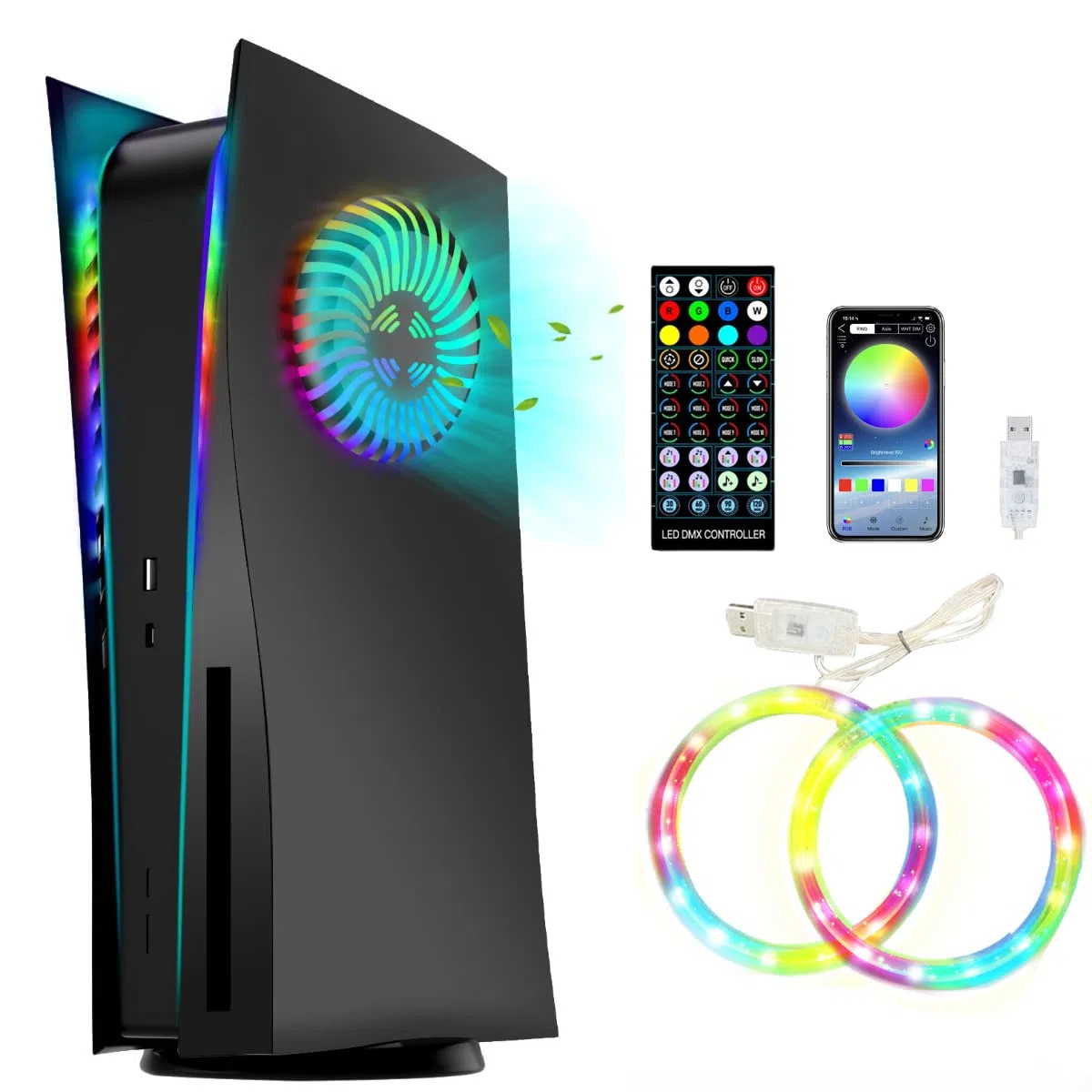 Piastre frontali per console PS5 con striscia luminosa LED RGB, guscio di ricambio per disco PS5 con prese d'aria, 3 modalità di controllo, 8 colori, oltre 400 effetti luci, sincronizzazione musica,