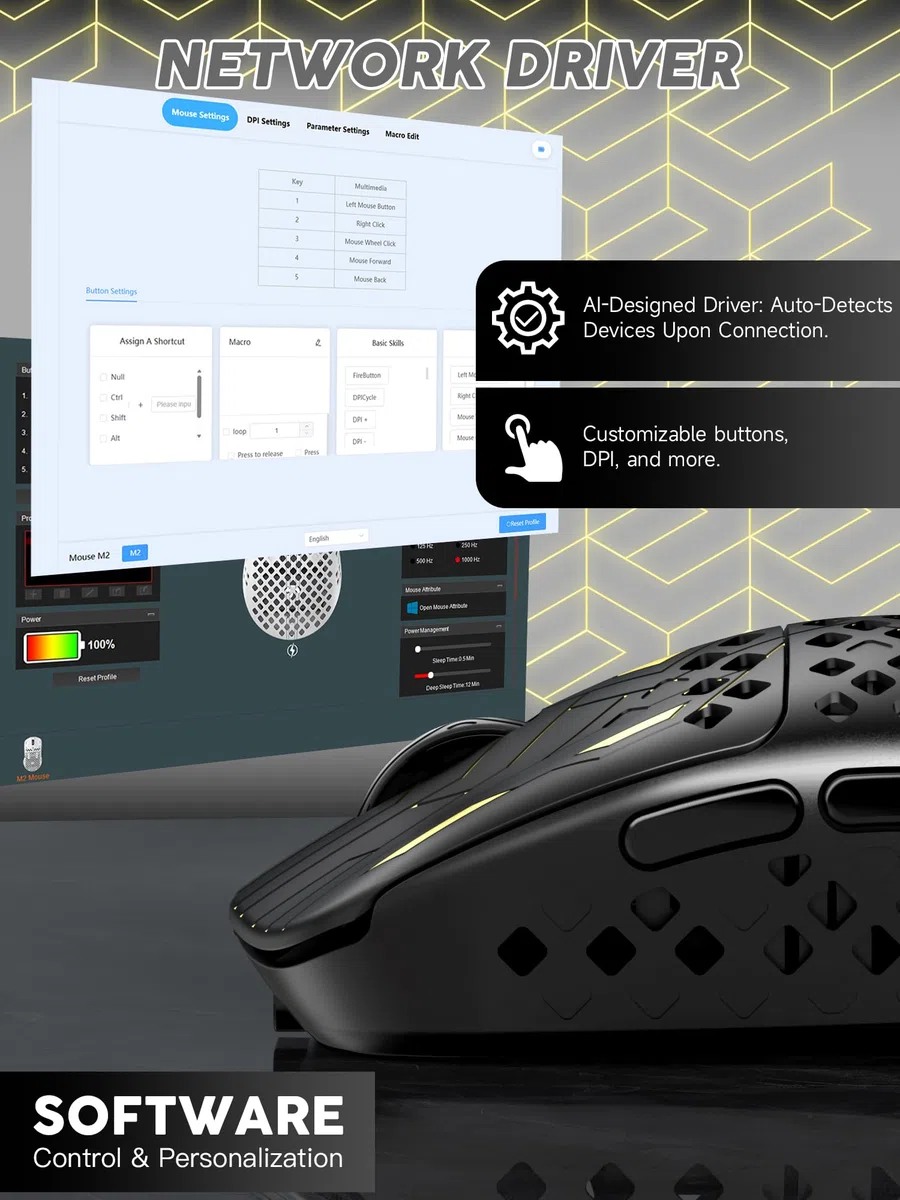 MAMBASNAKE M2 Ultra-Lightweight Wireless Gaming Mouse, PAW3395PRO Sensor 40000 DPI, 41g Carbon Fiber, Mouse Coiled Cable, Tri-Mode 2.4G/Bluetooth/Wired, 100M Clicks, Cloud Driver, Ergonomic Design