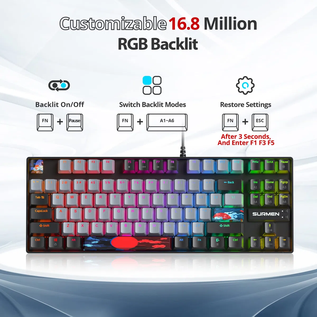 Owpkeenthy Tastiera meccanica da gioco al 75% con interruttore rosso, tastiera retroilluminata RGB, 87 tasti, compatta TKL, con cavo, per laptop, PC, gamer, Xbox PS (interruttore grigio/rosso 87)