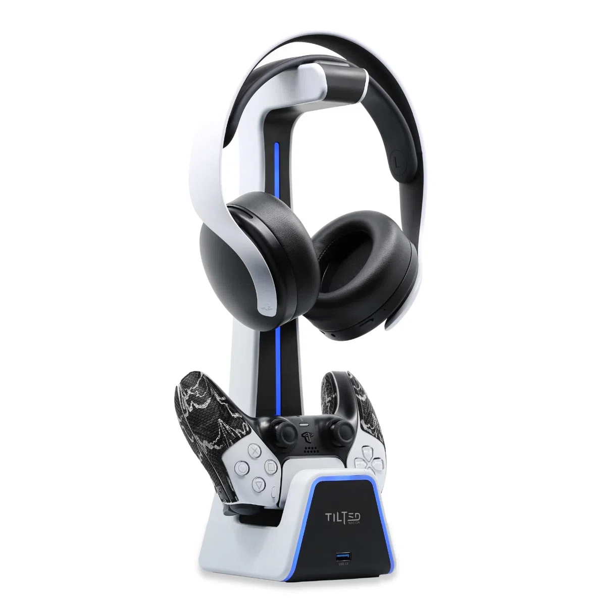 Tilted Nation Supporto RGB per cuffie e controller con stazione di ricarica, per PlayStation o PC, supporto per controller PS4/PS5 con caricabatterie, supporto per cuffie e controller di gioco, per