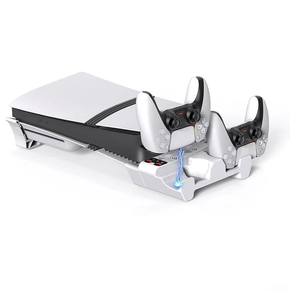 DAZZLEEX Base di raffreddamento orizzontale per PlayStation 5 Pro/Slim Dual Charger Dock con ventola di raffreddamento a 3 velocità Luci di stato LED Supporto salvaspazio in ABS bianco per un