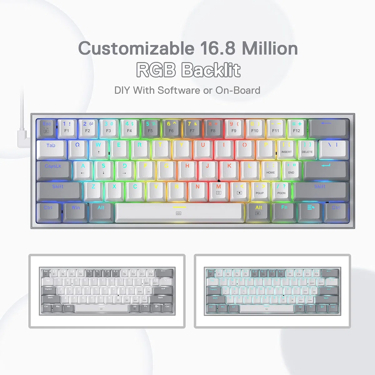 Redragon K617 Tastiera di Gioco RGB cablata 60%, Tastiera meccanica compatta 61 tasti, interruttore lineare rosso, supporto driver Pro (Grigio), US LAYOUT