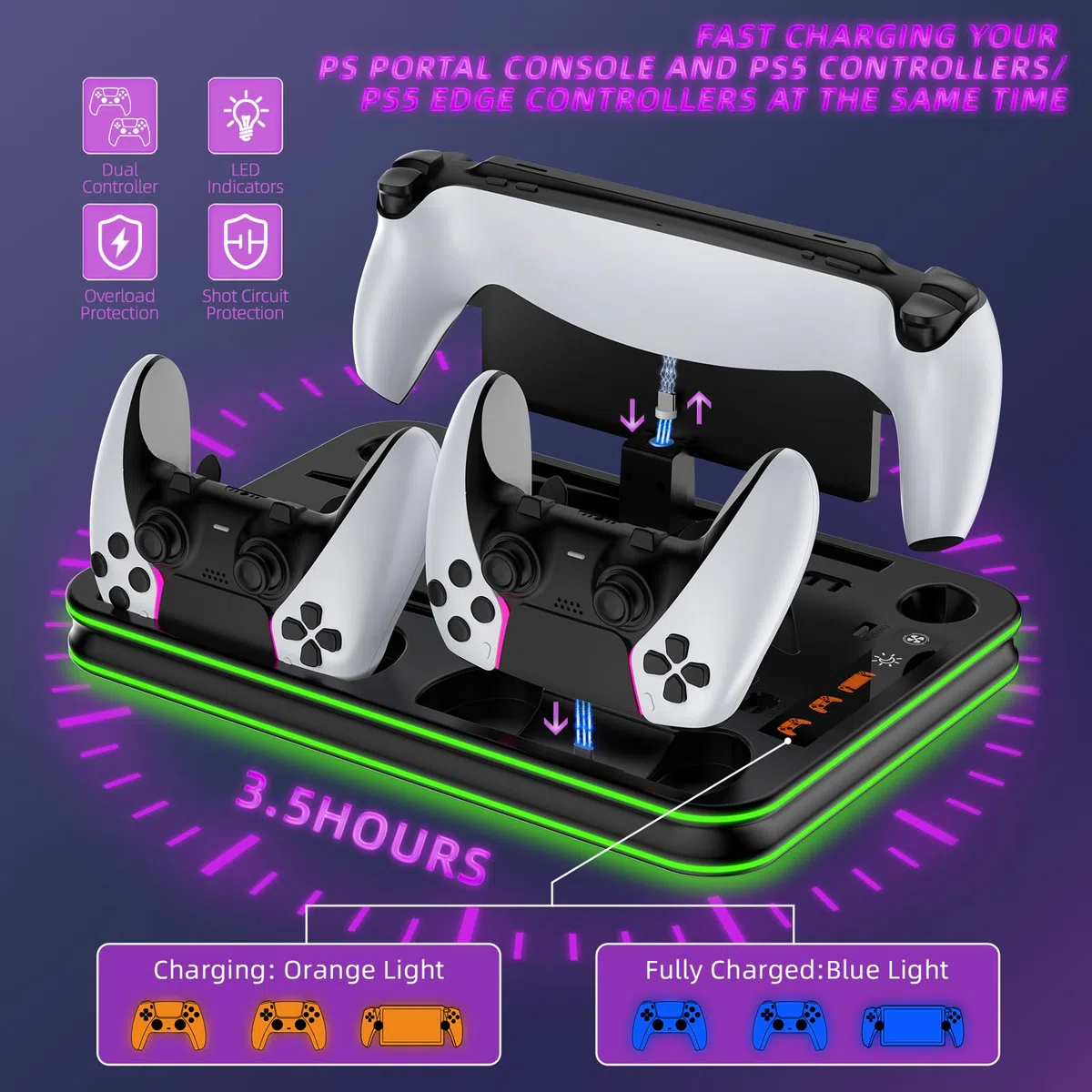 Supporto e stazione di raffreddamento per PS5/PS5 Slim/PS5 Pro con controller LED RGB Accessori per dock di ricarica, caricabatterie per controller PlayStation 5 e cuffie per console PS Portal e