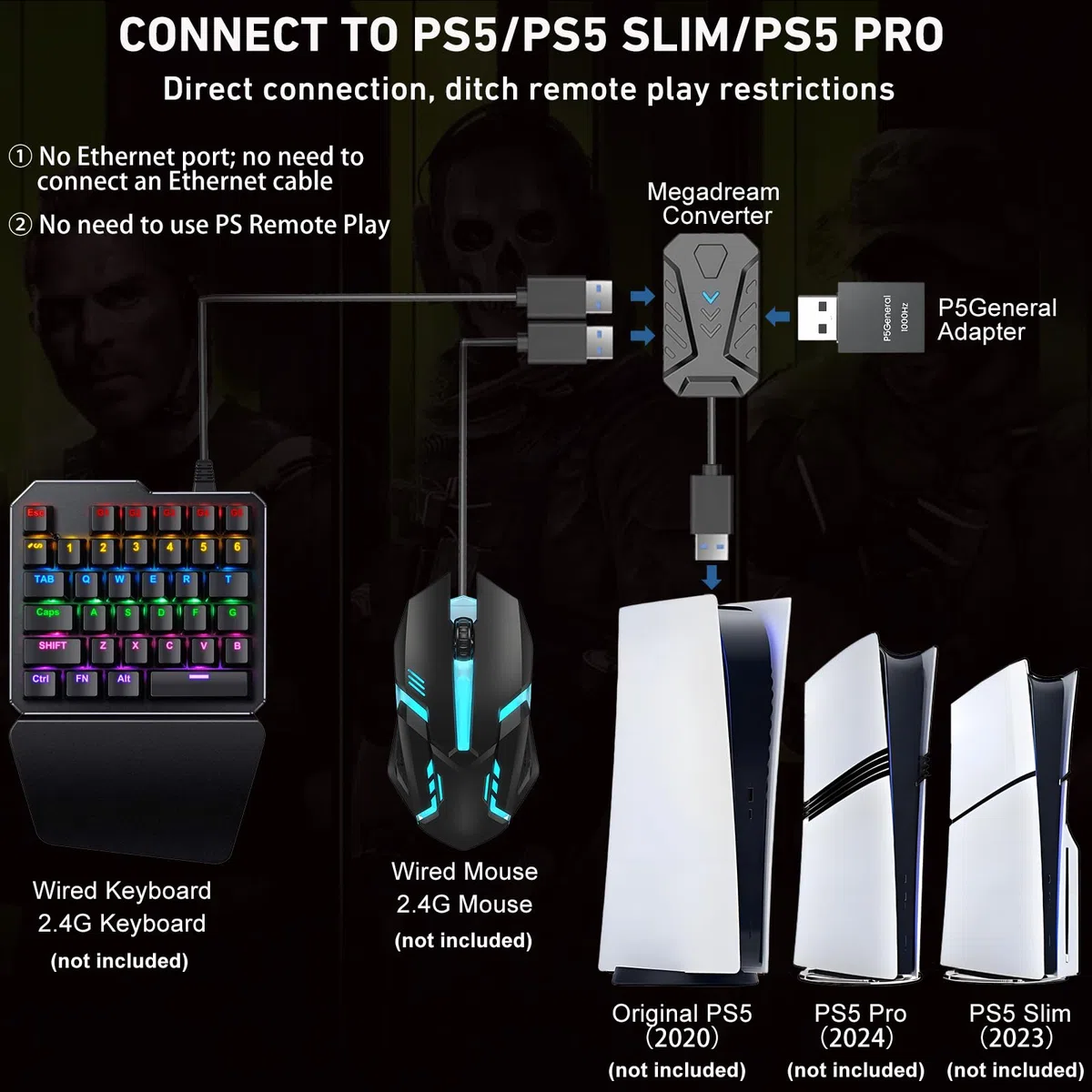 Megadream Convertitore tastiera e mouse per PS5 / P5 Slim / PS5 Pro con adattatore generale P5, 1000 Hz lasso ultra basso, supporta la regolazione della sensibilità del mouse, cambia chiave