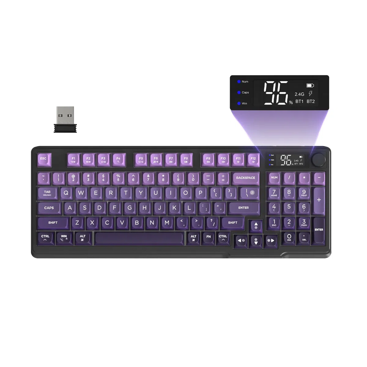FREEWOLF M96 Tastiera Da Gioco Wireless, Controllo Tramite Manopola Bluetooth/Tastiera Meccanica Wireless 2.4G, Retroilluminazione a LED con Schermo, Copritasto PBT, 3000mAh, QWERTY - Sfumatura Viola