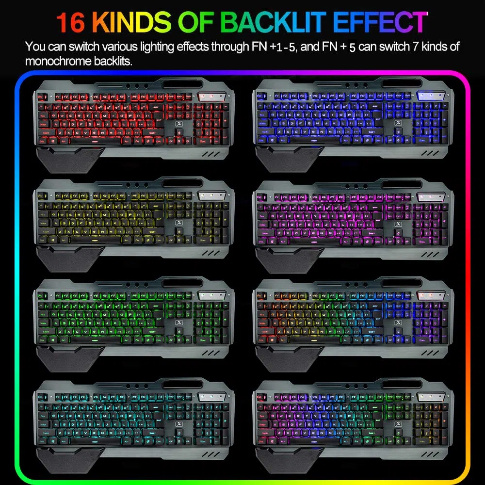 Tastiera da gioco wireless, mouse, cuffie e tappetino per mouse Set 4 in 1,16 Tastiera ricaricabile con retroilluminazione RGB con supporto per i polsi, 7 mouse retroilluminato e cuffie Bluetooth RGB