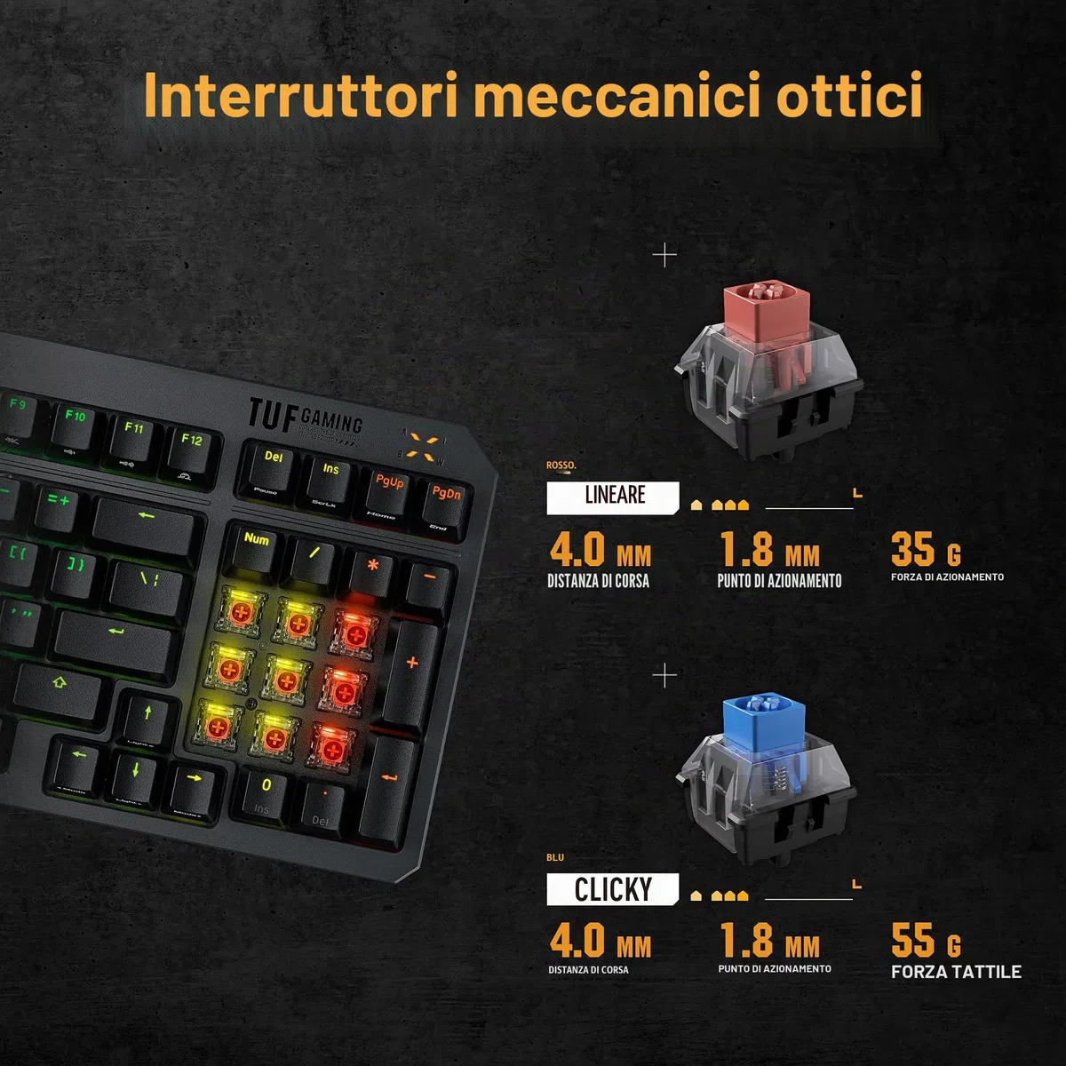 ASUS TUF Gaming K3 Gen II - Tastiera da gaming compatta a 97 tasti, switch opto-meccanici RGB, guarnizione in silicone, schiuma ammortizzante, tenuta IP57, piastra superiore rimovibile e Aura Sync,